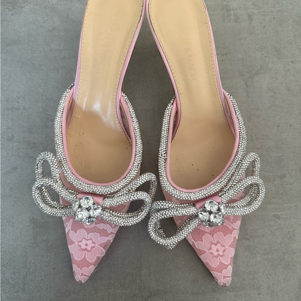 Mach & Mach lace double bow kitten heel mules